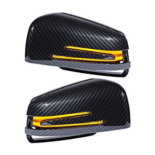 Anzios 2X Carbon Fiber Rearview Side Mirror Cover + 2X Amber Sequential Flashing Turn Signal Light Compatible with 11-18 C-Class W204 CLS C218