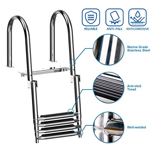 XGEAR 4 Step Pontoon Boat Ladder, Foldable Premium Stainless Steel Marine Yacht Ladder /Swim Deck Ladder with Pedal Hand Railing ,Slip-Proof Plastic Tread , Retaining Strap - Thumbnail 2