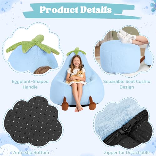 Image of 24 Inches Memory Foam Bean Bag Chair - Ultra Soft Faux Rabbit Fur Round Sofa with Handle & Machine Washable Cover, Comfy Chair for Kids Teens, Perfect for Reading Gaming in Living Room Bedroom, Blue