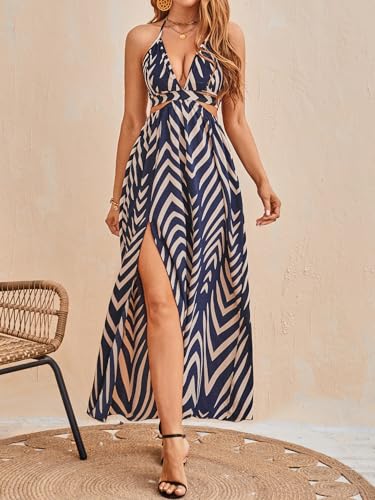 Image of SweatyRocks Women's High Split Tie Backless Cut Out Halter Maxi Dresses Boho Vacation Long Dress