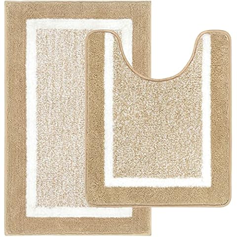 Pauwer Bathroom Rug Sets 2 Piece Ultra Soft Bathroom Floor Mats Non Slip Microfiber Bath Mat and U-shaped Toilet Rug Machine Washable Shower Mats(50X80cm+50X60cm, Beige) Cover