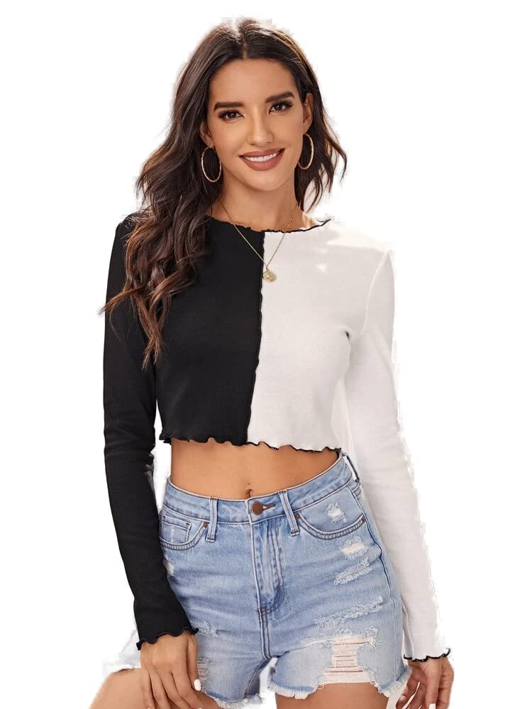 SIGHTBOMB Two Tone Front Seam Colour Block Ribbed Tops for Women