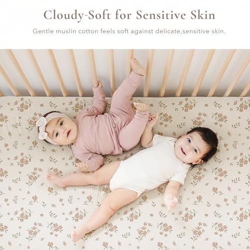 Image of Konssy Muslin Crib Sheets for Girl Boy, 2 PCS Soft and Breathable Cotton Baby Sheets for Standard Crib Mattress, 52 inchx 28 inch (Blossom, Cream)