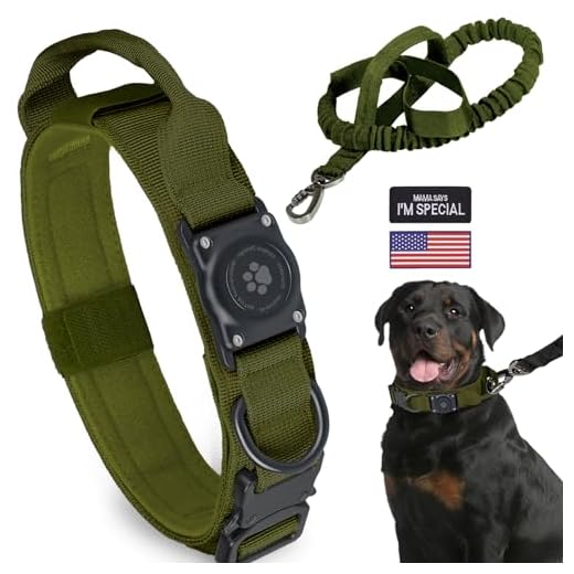 Tactical AirTag Dog Collar Leash Set, 100% Waterproof Integrated Apple Air Tag Dog Collars with AirTag Holder, Adjustable Military Collar with Handle, Thick & Wide GPS Dog Collar for Medium Large Dogs