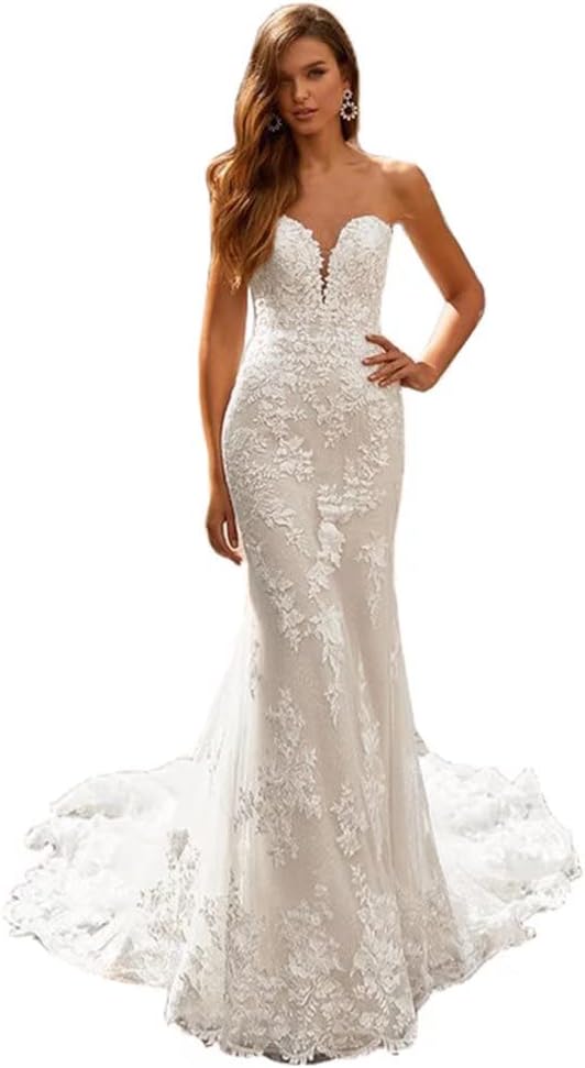 Dexinyuan Lace Mermaid Wedding Dresses for Bride 2024 with Sleeves Beach Boho Bridal Gowns for Women