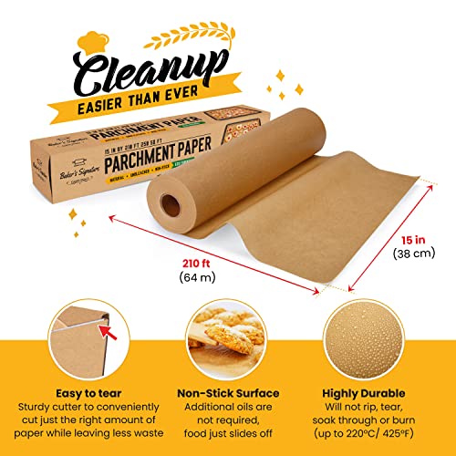 Unbleached Parchment Paper Roll 15 In X 210 Ft 260 Sq.ft Paper Baking Paper By Baker’s Signature | Silicone Coated – Will Not Soak Through Or Burn – Non-Toxic & Comes In Convenient Packaging #TOP2