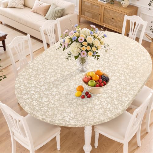 Image of Smiry Waterproof Heavy Duty Vinyl Fitted Tablecloth for 48 inch-68 inch Oval Table | Elastic Plastic Table Cloth, Wipeable Washable Floral Patio Table Cover for Picnic, Kitchen and Dining, Beige
