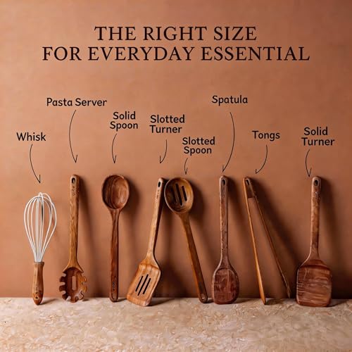 Image of CAROTE Wooden Kitchen Utensils Set, Acacia Wood 8pcs Cooking Utensil Set for Nonstick Cookware, Long-lasting Wooden Spoons for Cooking, Spatula, Turner