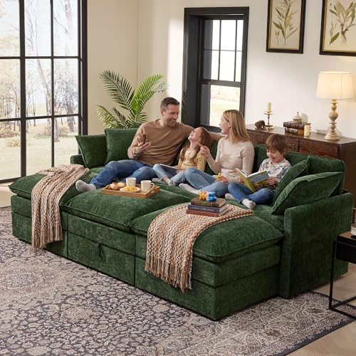 Image of Ihanherry Oversized Sectional Sofa Bed with Storage, 103 inch 6-Seater Modular Cloud Couch with Movable Ottomans, Chenille Deep Seat Sleeper Couches for Living Room (Green)