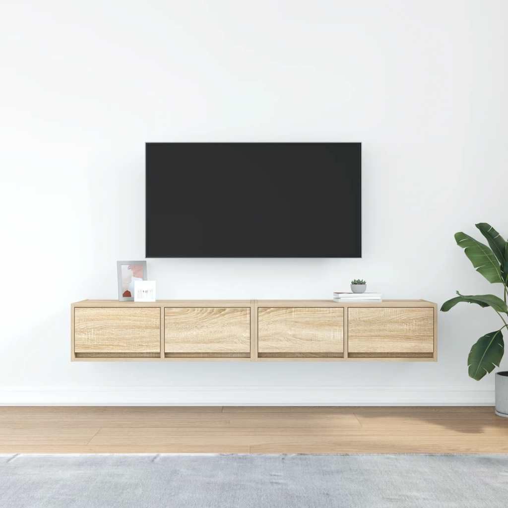 2er Set TV-Wandschränke Sonoma-Eiche 80cm - Schwebendes TV Board Lowboard hängend aus Holzwerkstoff - Modernes Media Möbel Wandboard für Wohnzimmer & Schlafzimmer - 80x31x25,5 cm
