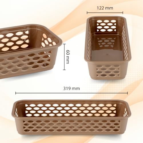 Image of RATAN PLASTICWARE Diana Tray Rectangular-Narrow (Pack of 6) Plastic Storage for Desk Basket /Organizers for Stationery, Jewellery, Tools,Kitchen, Office-Lt Brown
