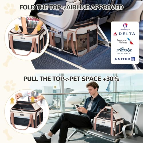 Image of Lekereise Top-Expandable Pet Carrier 17x11x9.5 Inch Alaska Hawaiian Airline Approved Soft Sided Underseat to 12lbs Travel Carriers for Small Dogs and Cats with Locking Safety Zippers Anti-Scratch Mesh