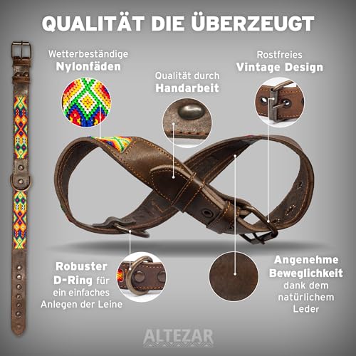 ALTEZAR Lederhalsband Hund - Doppelt Tribal Bestickt Farbenrausch Braun - Hochwertiges Hundehalsband Leder - Handgemacht in Mexiko - Größe M - Halsband Hund für mittel-große Hunde Leder breit