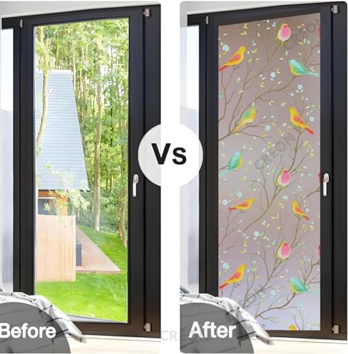 Image of CREON Privacy Window Film Bird Frosted (24 X 200 Inch) Non-Adhesive UV Blocking Front Glass Window Cling for Bathroom Privacy Sticker