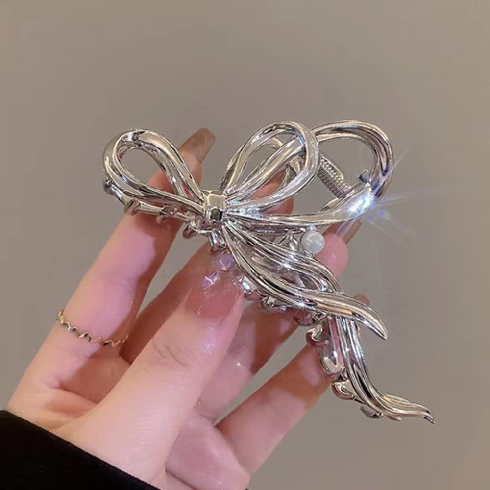 Womens Bow Twist w Pearl Hair Clip Claw Clips Non Slip Jaw Clips Elegant 2 Pcs Gold Silver Metal Hair Clips for Women Big Hair Clips  main image 3