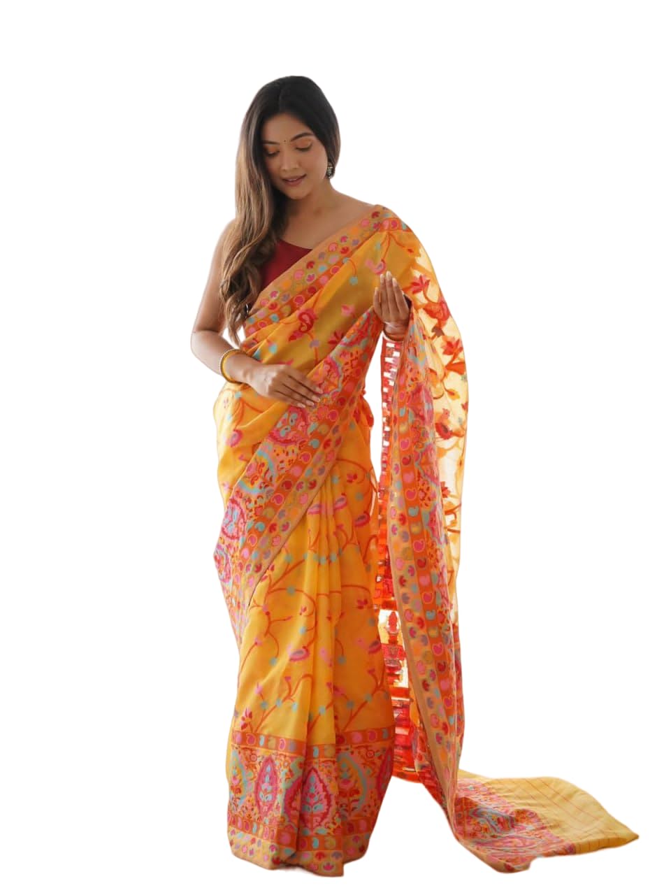 NEOPOL Women's Banarasi Style Pure Kanjivaram Silk Jacquard Kanchipuram Pattu Saree With Un-Stiched Blouse