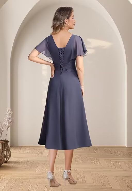 Chiffon Mother of The Bride Dresses for Wedding Short Sleeves V Neck Formal Evening Gown for Women4