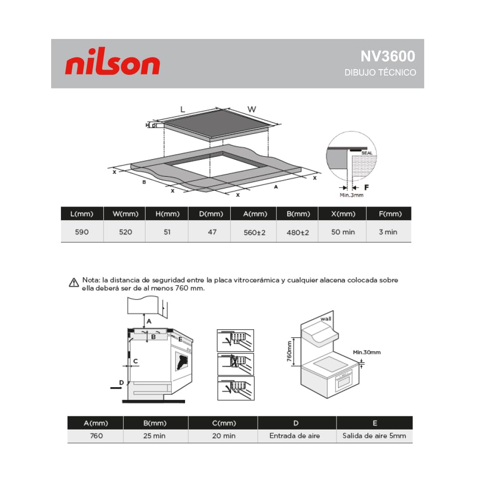Nilson Placa Vitrocerámica Cristal Negro NV3600. Potencia máx. 5700 W, 3 Zonas de Cocción, 9 Niveles de Cocción, Control Táctil, Bloqueo y Autodesconexión de Seguridad