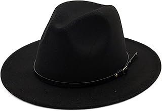 UTOWO Classic Black-Felt-Fedora-Hats-for-Women, Wide-Brim-Wool-Rancher-Panama Jazz Hat with Belt-Buckle(Size:7 1/8~7 1/4)