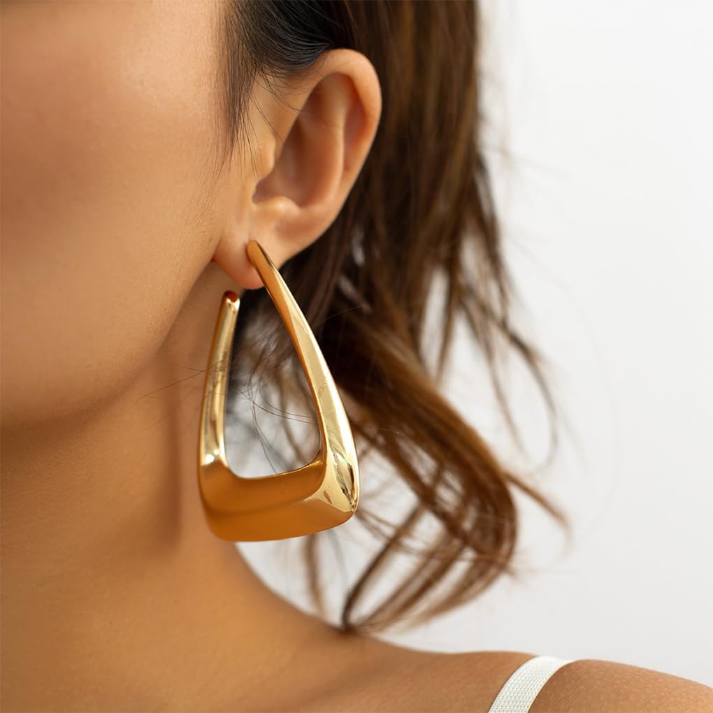 Geometric Chunky Gold Statement Earrings for Women,Simple Square Triangle Dangle Drop Earrings,Unique Large Dangling Earrings Aesthetic Jewelry - Image 2