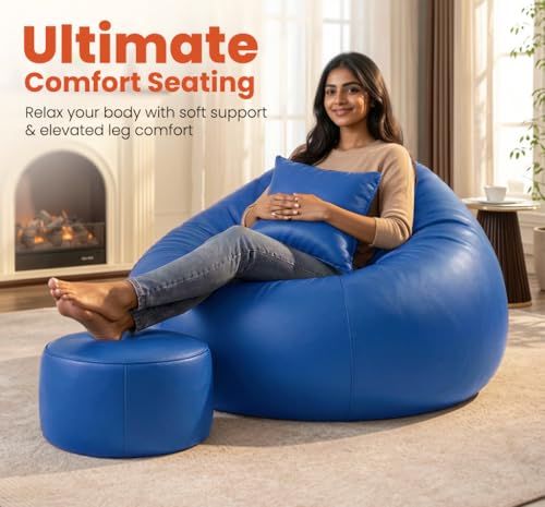 Image of Sattva Classic 5XL Bean Bag Chair with Beans Filled | Sofa Style Faux Leather Beanbags with Footstool & Cushion | Comfortable Bin Bags Sofa for Adults & Teens, Living Room & Office | Royal Blue