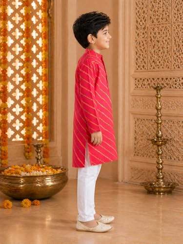 Image of superminis Cotton Boys Sanganeri Lehariya Printed Kurta Set with White Pyjama Elastic Closure