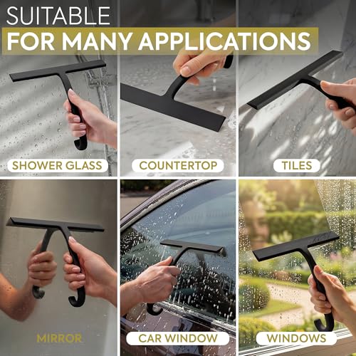 Image of GUTEWERK Shower Squeegee for Glass Doors - Bathroom Squeegee for Shower Glass & Tile Walls, Streak-Free & No-Squeak Silicone Blade, Stainless Steel Core, Hang Hook + Suction Cup, Black, 10 Inch