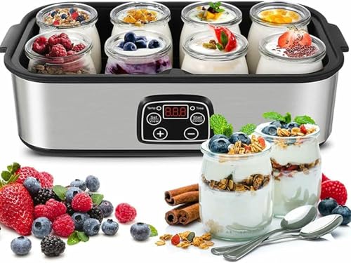 Yogurtera, 1400 ml Ultimate Yogurtera Probiótica con 8 Frascos de Vidrio, Pantalla LED y Temporizador, Máquina Automática para Hacer Yogur con Control Automático de Temperatura para Yogur Casero