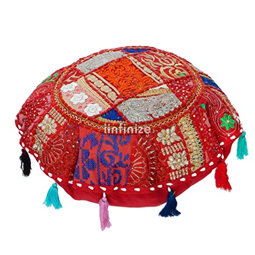 Coussin patchwork ethnique brode main housse de coussin rouge pompons - 4