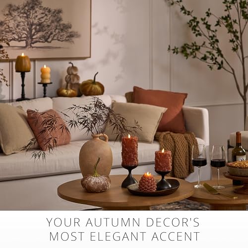 Image of Luminara Flameless Caramel Cafe Embossed Leaves 3.5 inch x 4.5 inch Pillar, Battery Operated & Timer Function, Fall Decorations Indoor Candle Moving Flickering Flame LED Light, Remote Ready (Sold Separately)