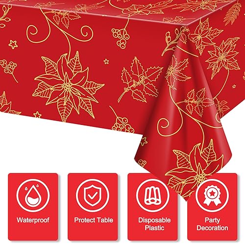 3 Pcs Red Christmas Tablecloths 54 x 108 Inch Gold Flower Poinsettia Bronzing Table Covers Disposable Christmas Rectangle Table Cloth for Xmas Holiday Kitchen Dining Table Decor – Image 4