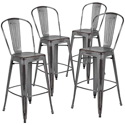 Flash Furniture Blake - Taburete de Bar de Metal Gris Plateado Envejecido para Interiores y Exteriores, 4 Unidades, 30 Pulgadas de Alto con Respaldo
