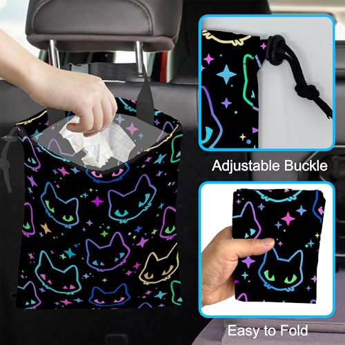 Image of Car Trash Bag Colorful Neon Cat Heads Car Garbage Bag Hanging Car Trash Can for Back Seat with Drawstring, Waterproof Garbage Bags for Accessories Vehicle Travelling Camping Outdoor