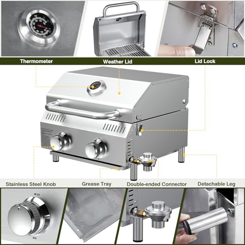 Image of Bestfire Tabletop Propane Gas Grill 2 Burners- Dual Connections, 20,000 BTUs Stainless Steel Portable Grill Fits Large Gas Cylinders and Small Canisters for Outdoor Camping and RV Trips