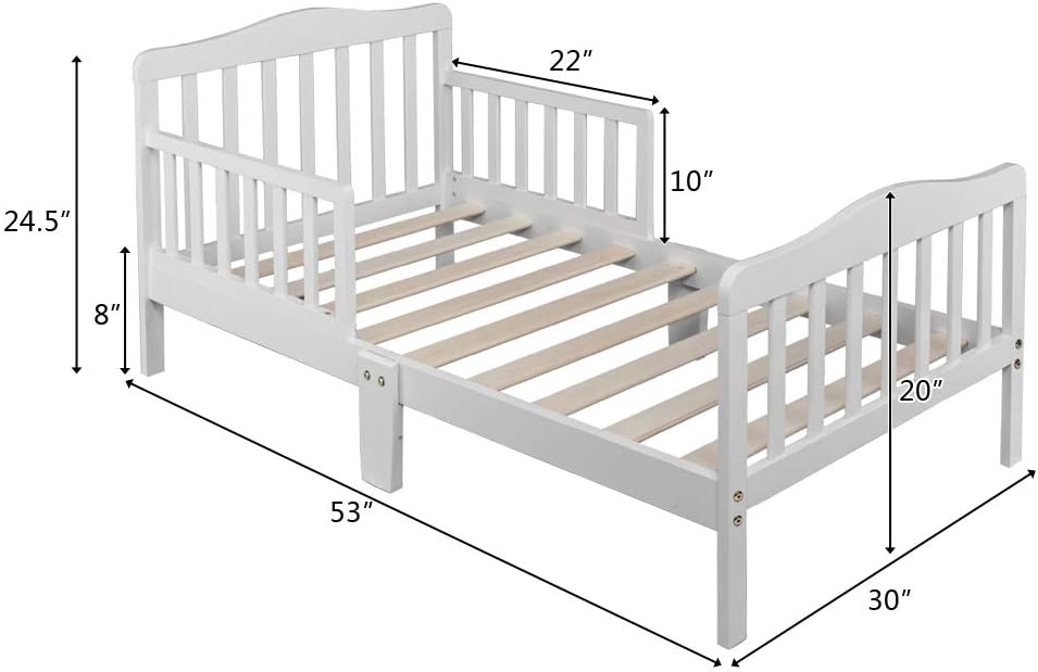Classic Wood Bed for Girls & Boys with 2 Side Safety Guardrails and Footboard (White)