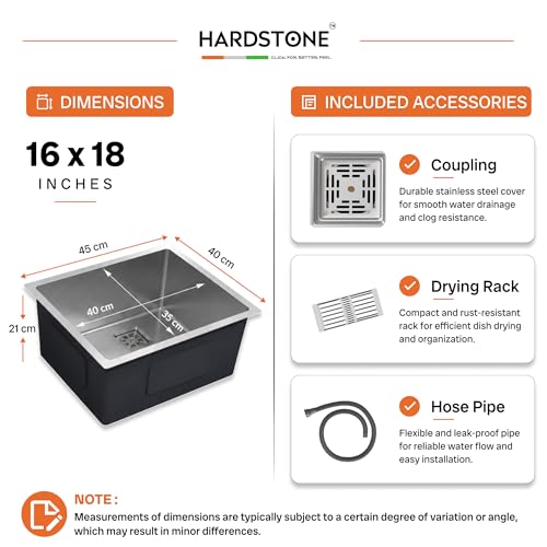 Image of HARDSTONE Premium 18x16x9 Inch Handcrafted Single Bowl Kitchen Sink | 1mm Thick Stainless Steel | Matte Finish | Includes Vegetable Basket, Waste Pipe & Coupling | Rust Proof | Silver