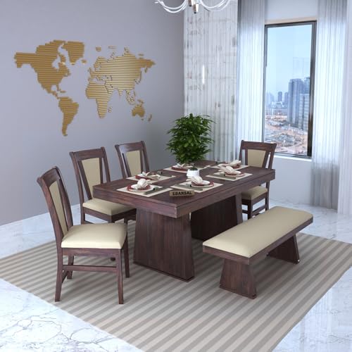Image of Solid Wood 6 Seater Dining Table | Sheesham Wood Six Seater Dining Table with Cushion Chairs | Wooden Furniture Dinner Table with 4 Chairs and Bench | Walnut Finish with Cream Upholstery