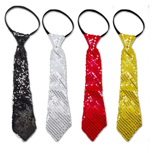 EUPSIIU 4 Pièces Cravate à Paillettes, Noir Argent Cravate avec Élastique, Accessoires à Paillettes pour Homme Femmes, Costume à Paillettes pour Carnaval...