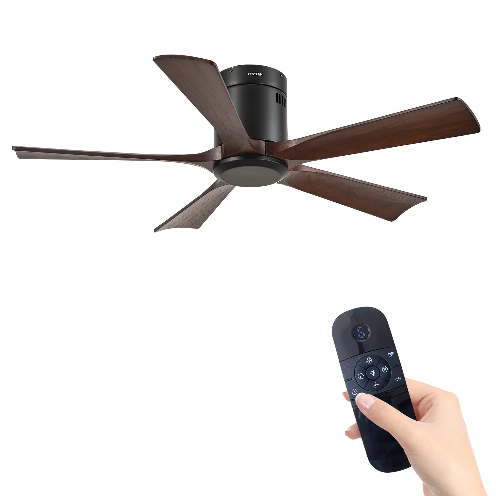 YOZZAN 42'' Low Profile Ceiling Fan no Light,Flush Mount with Remote,Solid Wood Ceiling Fan without Light (Dark Walnut, 42 Inch)
