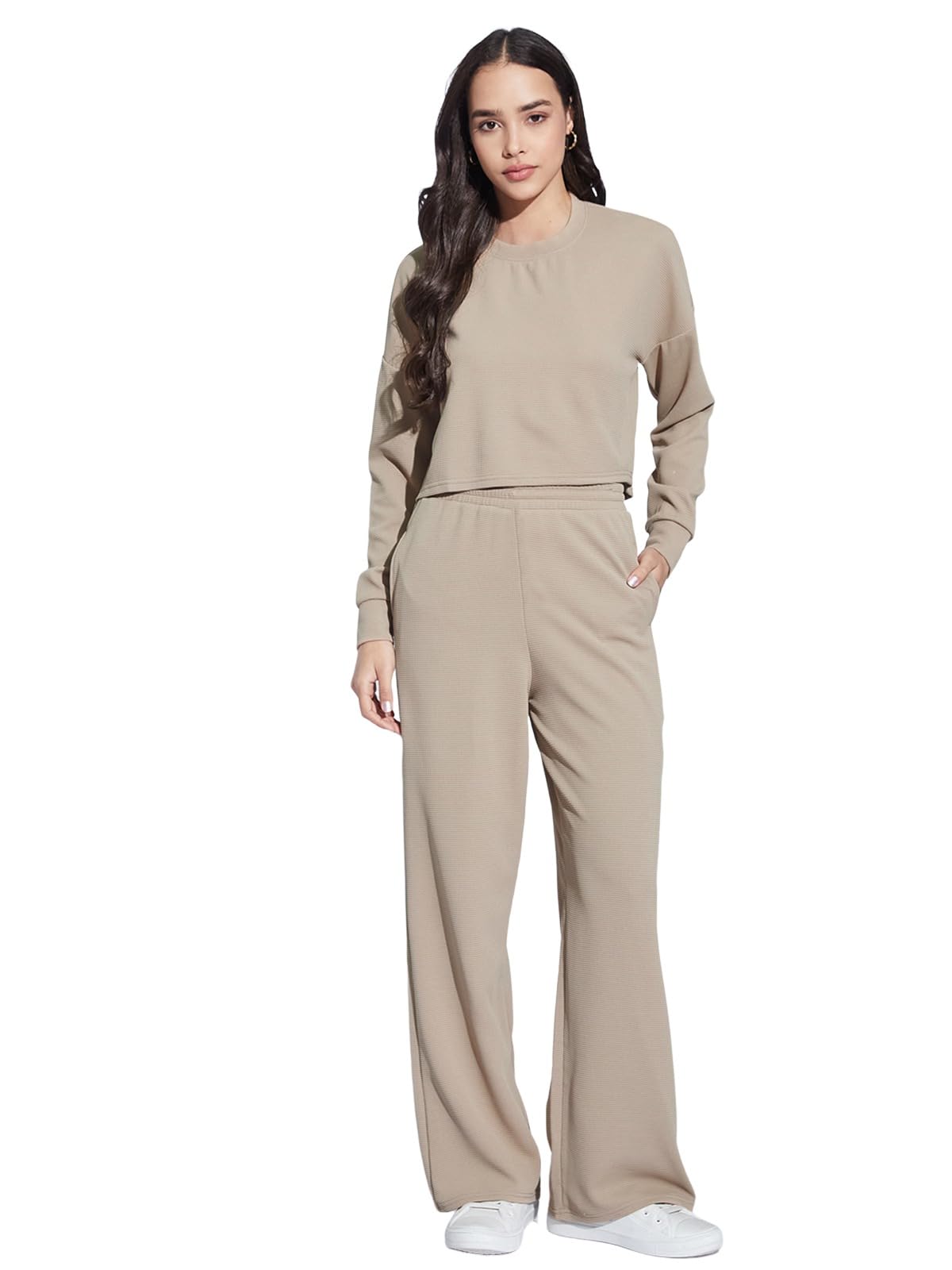 selvia Women's Full Sleeve Textured Lycra Round Neck Top & Trouser 2 Piece Co-ords Set-picture-30