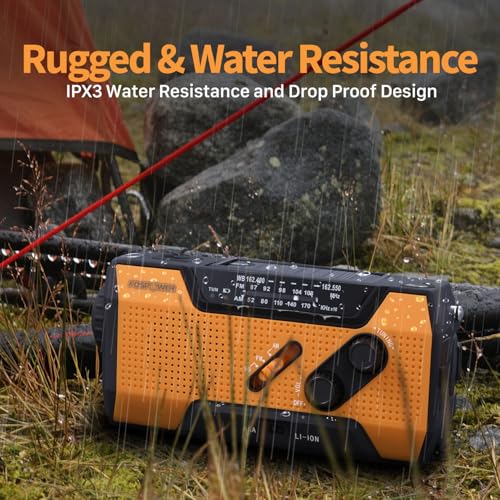 FosPower NOAA Emergency Weather Radio A1 7400mWh Portable Power Bank, AM/FM, USB/Solar/Hand Crank Charging, Battery Operated, SOS Alarm & Flashlight for Indoor/Outdoor Emergency - Orange - Image 7