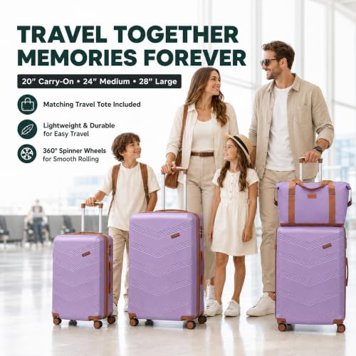 Image of CONCEPTEN Expandable Hardshell Luggage Set 5 Piece, 22x14x9 Airline Approved Carry On, 20 /24 /28 inch Suitcase Set with TSA Lock, Spinner Wheels, ABS+PC (Purple)