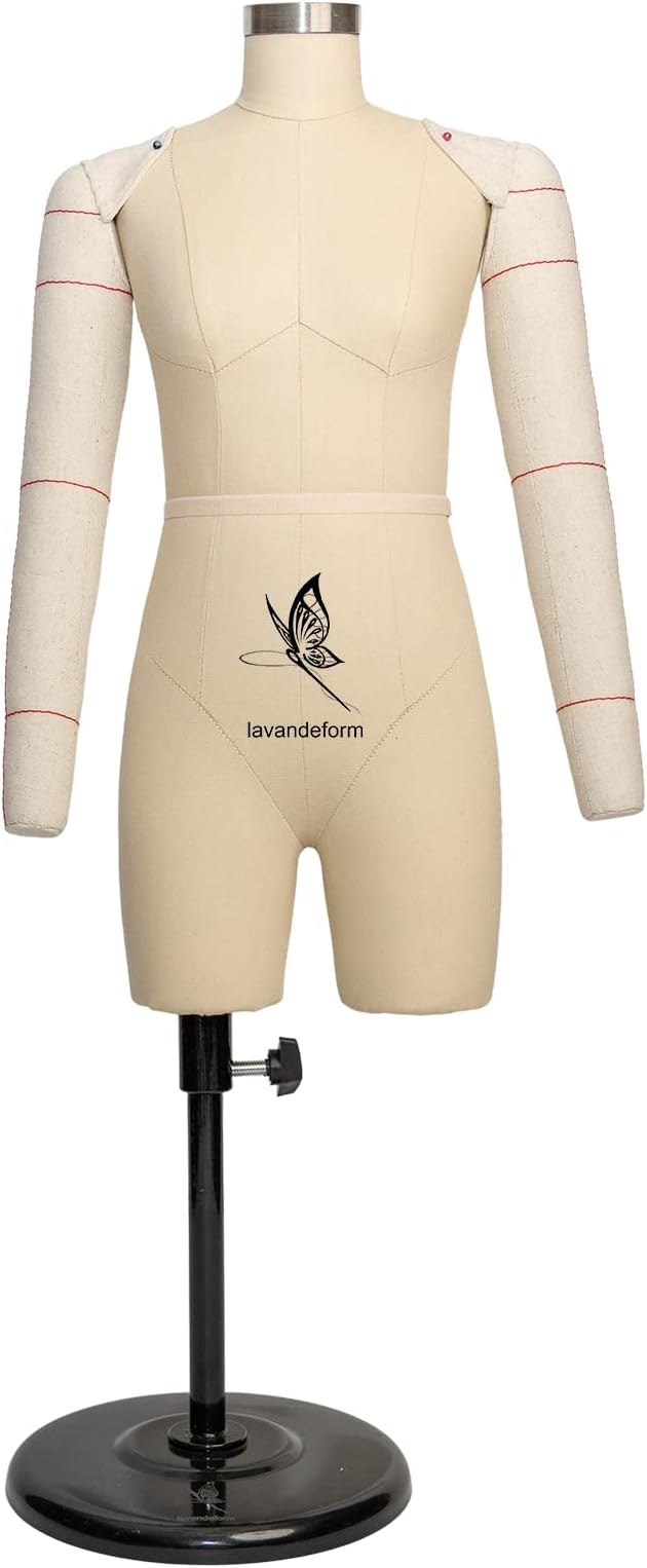 Half Scale Dress Form with Arms (Not Adult Full Size) Tailor Female Mannequin Torso for Sewing Fully Pinable Dressmaker Dummy,1/2 Trouser Pattern Making Model (Flexible Arms Beige)
