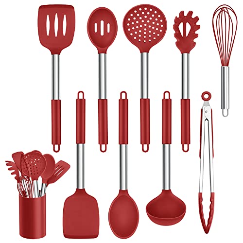 Homikit Lot de 10 ustensiles de cuisine en silicone avec poignée en acier inoxydable,...