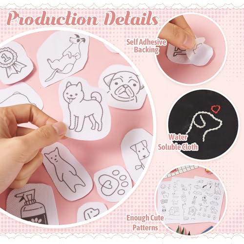 Image of Magibeads 68 Patterns Dog Water Soluble Embroidery Patterns Puppy Paw Print Cartoon Animal Pet Stick and Stitch Transfer Embroidery Paper for Hand Sewing Beginners Starter Adult