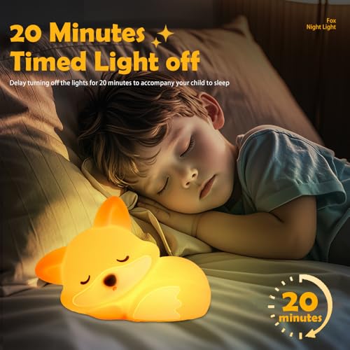 Image of S NMT Cute Silicone Fox Night Light for Kids, Rechargeable Sleeping Nursery Nightlights with Timing Function for Christmas Gift, Dimmable Beside Decoration Lamp