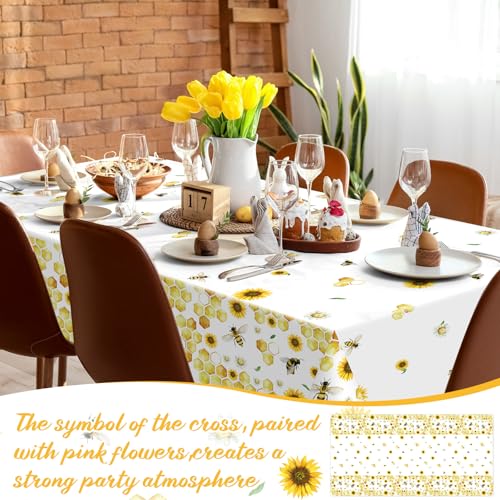 Image of Ganeen 3 Pcs Bee Party Tablecloth Disposable Plastic Table Covers Sunflower Waterproof Tablecloths for Birthday Bee Themed Party Decor, 54 x 108 Inch