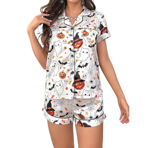 RUEWEY Halloween Womens Pajamas Set Ghost Pumpkin Print Short Sleeve Button Down 2 Piece Loungewear Sets Sleepwear