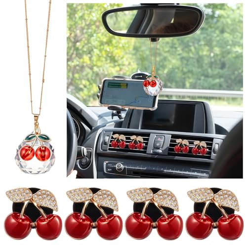 BBTO 5 Pcs Cherry Car Air Vent Freshener Perfume Clip and Cherry Rear View Mirror Accessories Car Air Freshener Bling Cute Accessories Gifts Decorations for Women