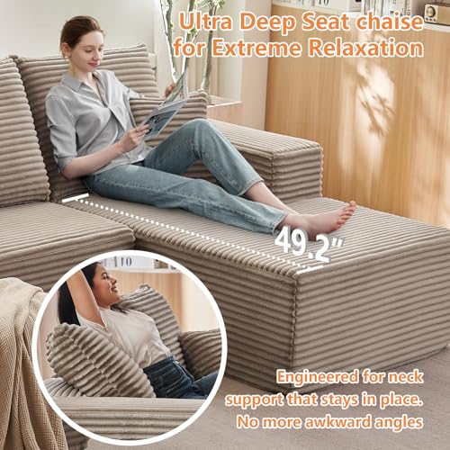 Image of 107 inch Modular Sectional Sofa with Ottoman, Modern Corduroy Cloud Couch with Deep Seat, Boneless Couch Upholstered 3-Seater U-Shaped Sofa for Living Room, No Assembly (Camel, Right-Facing Chaise)